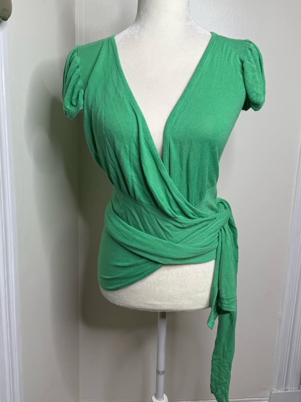 Vintage Y2K Zoe D Bamboo Wrap Sweater Top Size Medium Green Short Sleeve